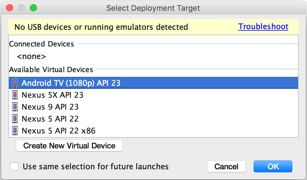 “Select Deployment Target”对话框