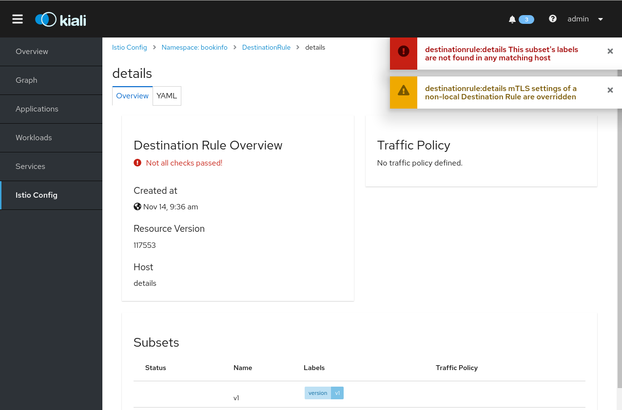 Istio Configuration Details View Showing Errors